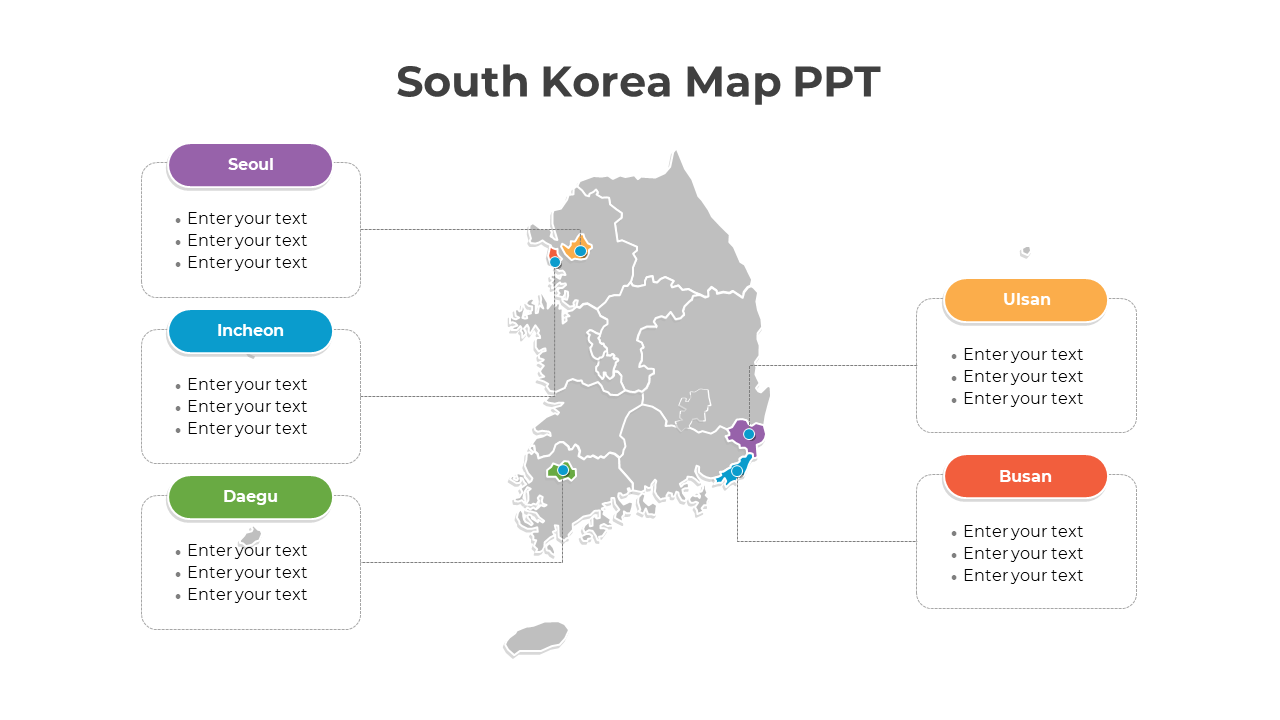 Map of South Korea in gray, showing five cities with colored labels and text boxes for city specific information.