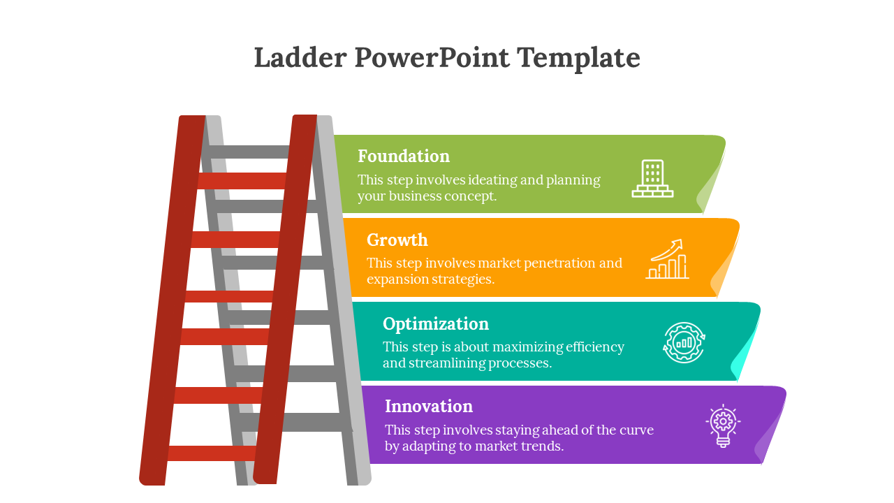 Red ladder slide showcasing steps colorful sections with icons and placeholder text.