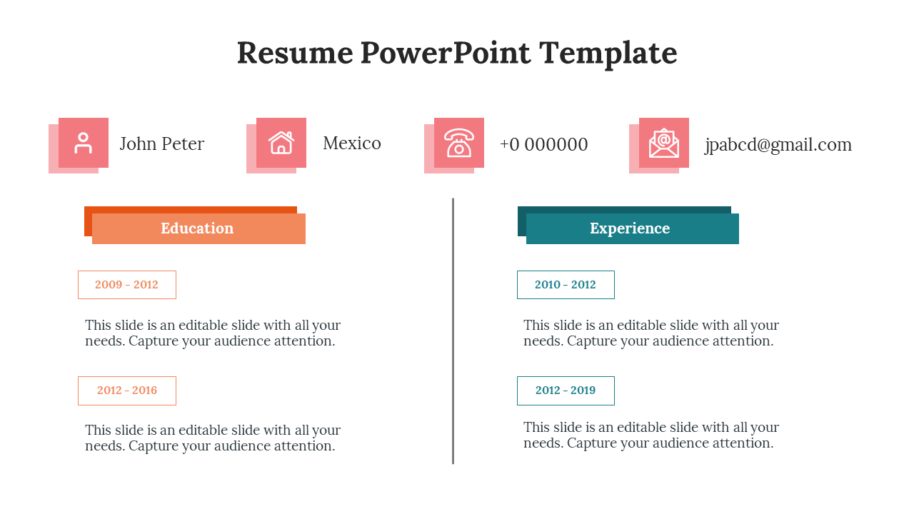 Resume slide with sections for name, contact info, education timeline, and work experience, with caption areas.