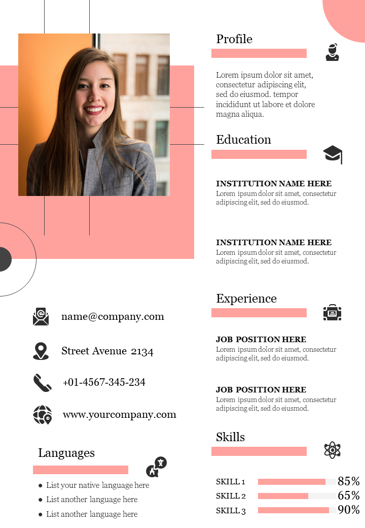 A professional on a one page resume  with sections for profile, and up to languages  placeholder text and icons.