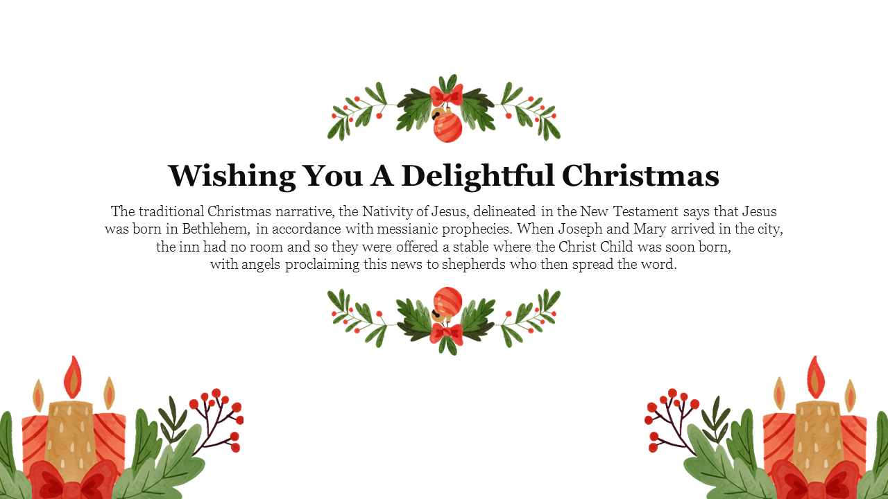 Christmas themed PowerPoint slide with a festive message and candle decorations on both sides on a white backdrop.