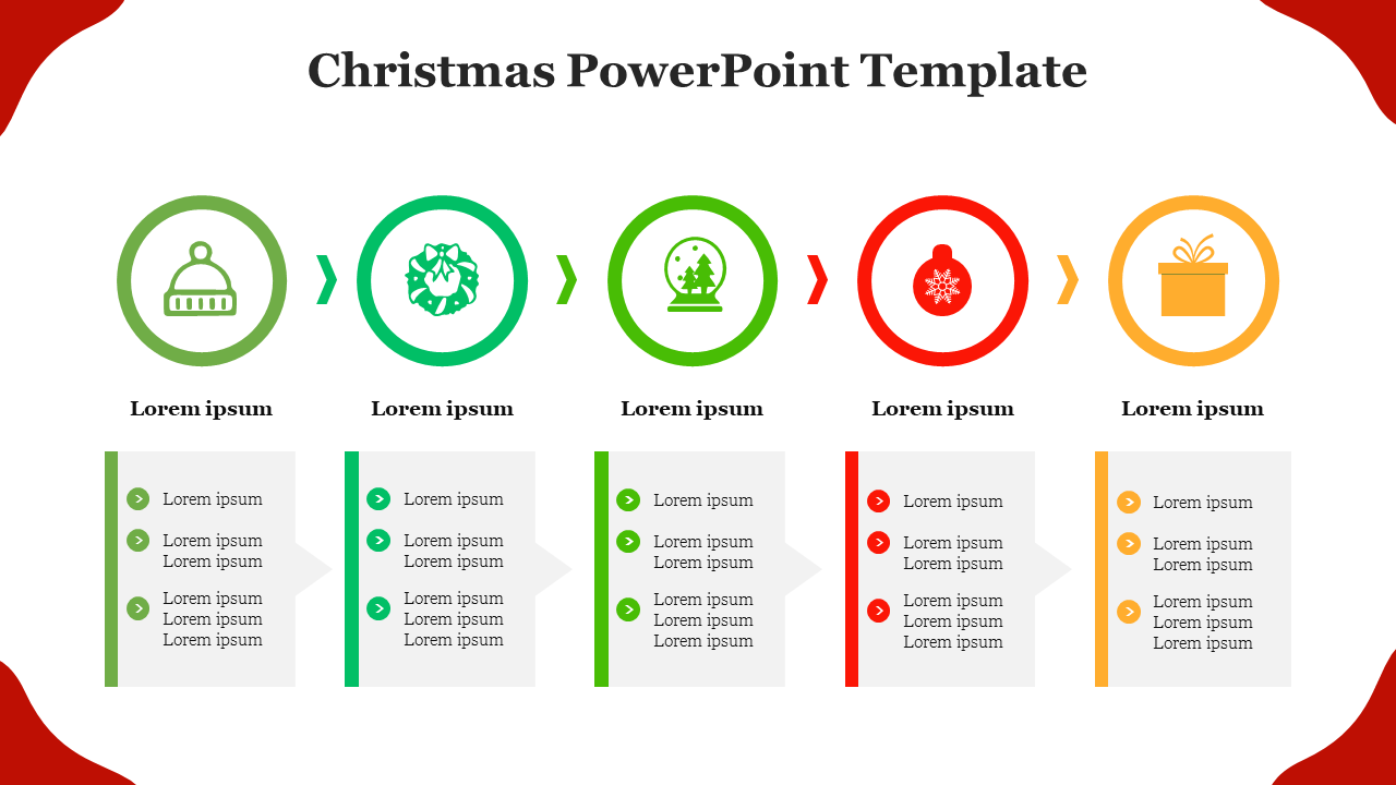 A colorful Christmas PowerPoint template featuring icons and placeholders for content on a white backdrop and red border.