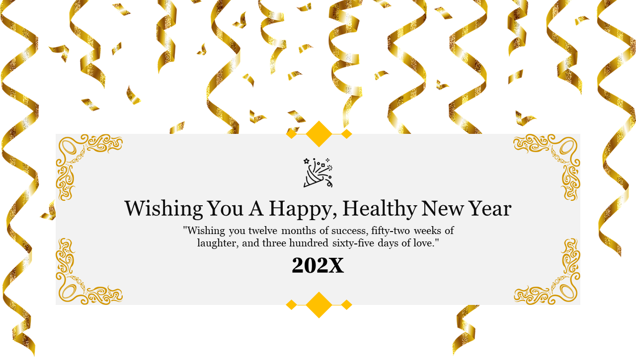 Golden fireworks burst across a dark background with a new year message at the bottom with a yellow border.