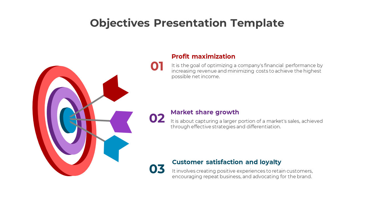 Circular target graphic with three arrows pointing to numbered objectives in red, purple, and blue on the right.