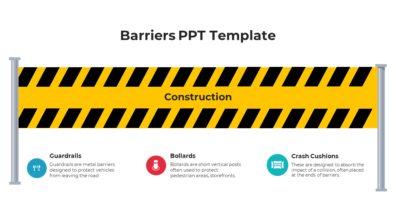 Barriers slide with a yellow and black construction stripe and descriptions of guardrails, bollards, and crash cushions.