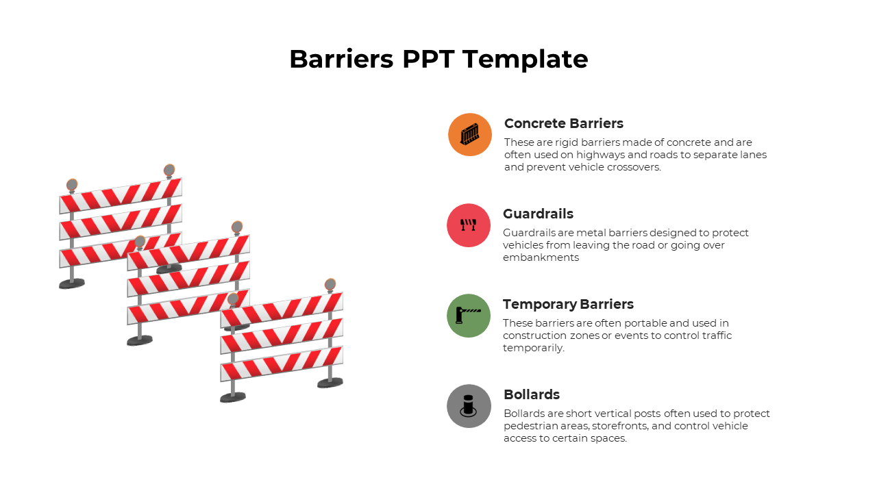 Three red and white striped barriers and four colored circles with icons and descriptions on the right.