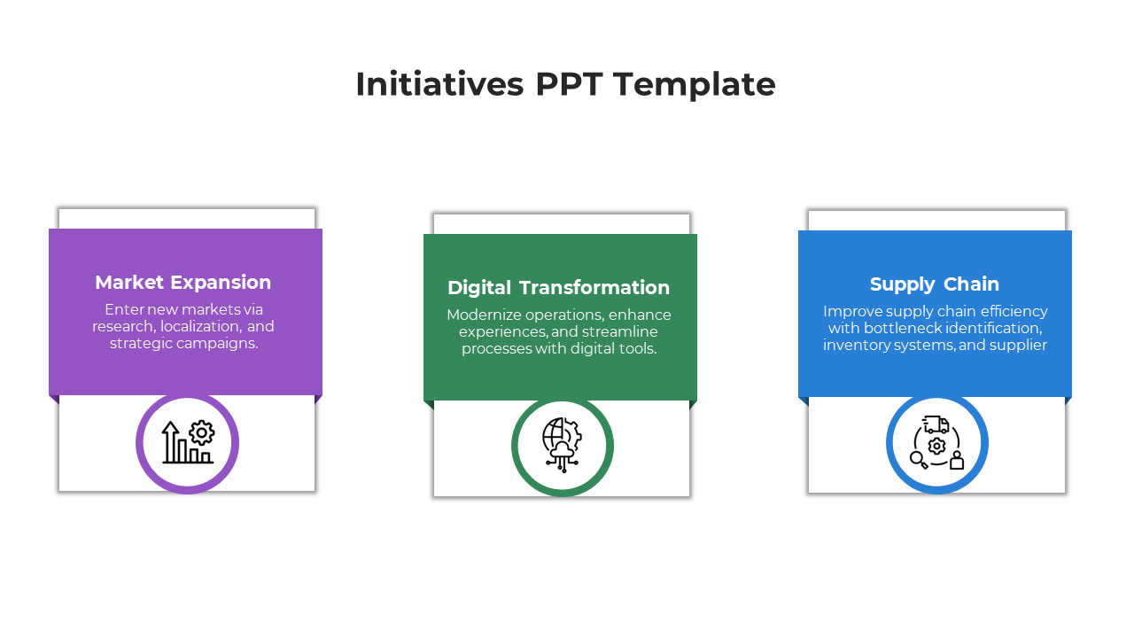 Three colored boxes in purple, green, and blue with icons and text, arranged horizontally on a white background.