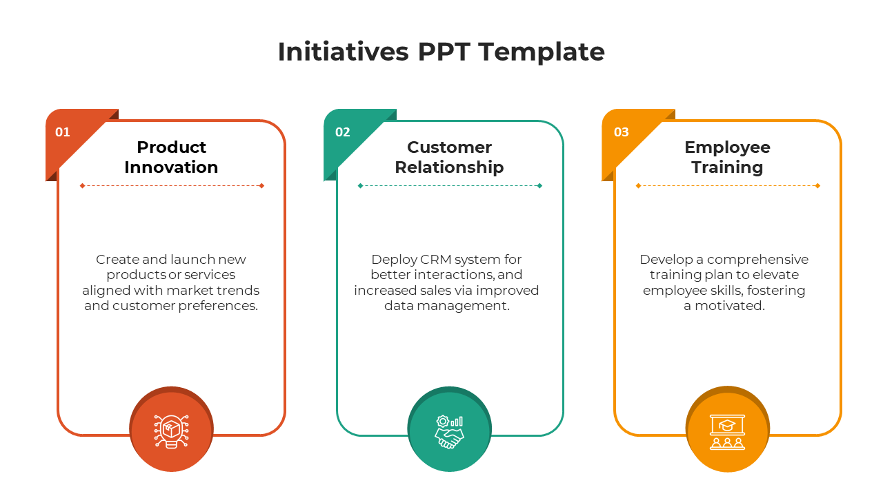 Three vertical boxes in red, green, and orange with icons at the bottom, representing different initiatives.