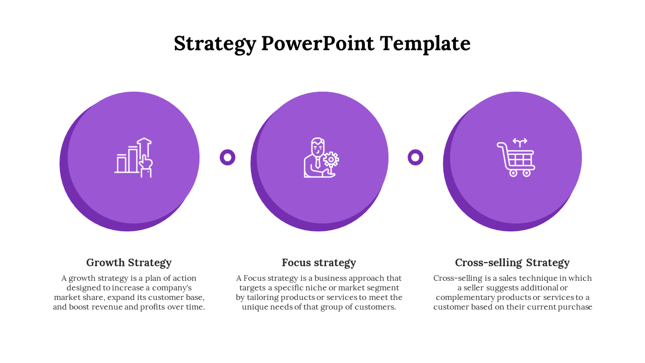 Horizontal layout with three purple circles, each containing white icons and text captions for different strategies.