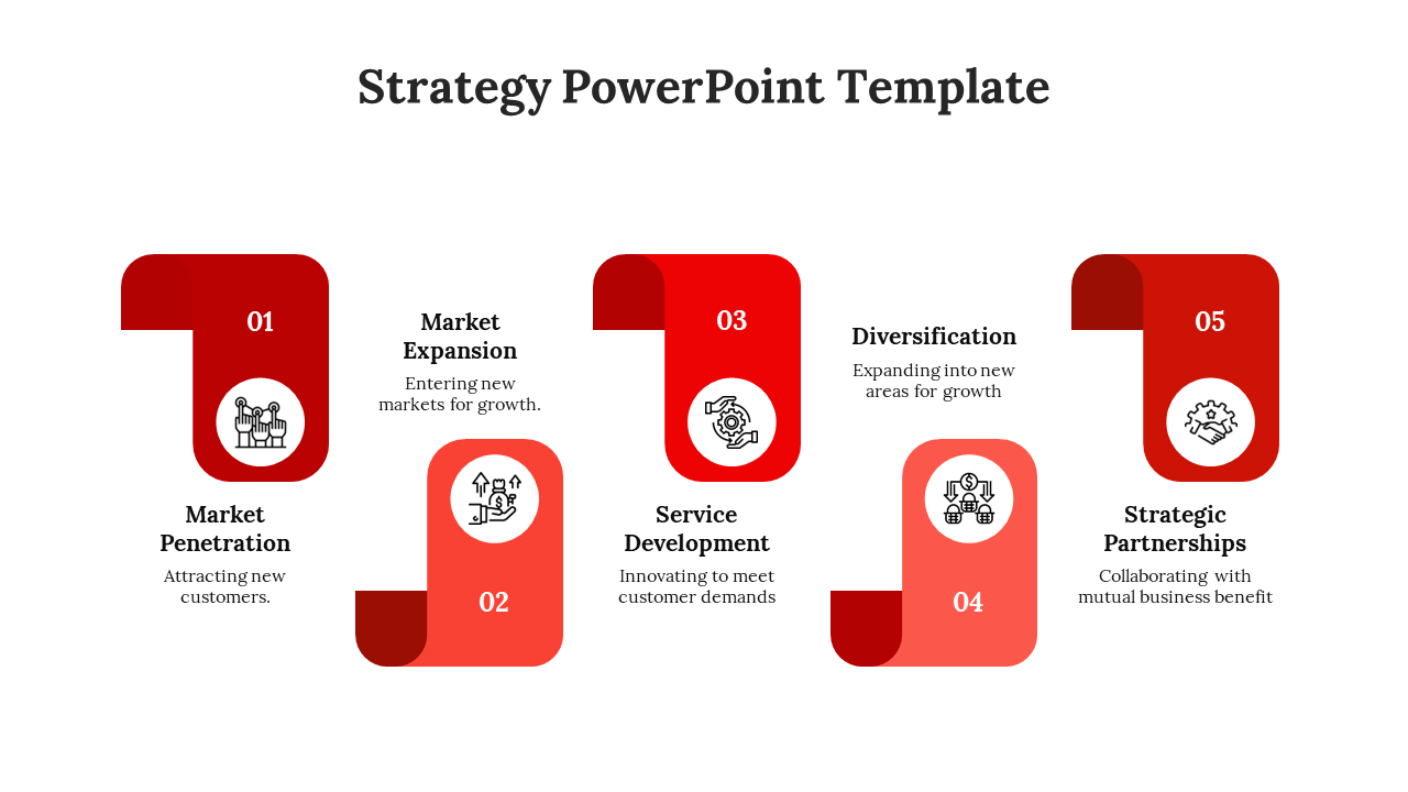 Template with five red folded square icons and numbers, each representing a different business strategy step.