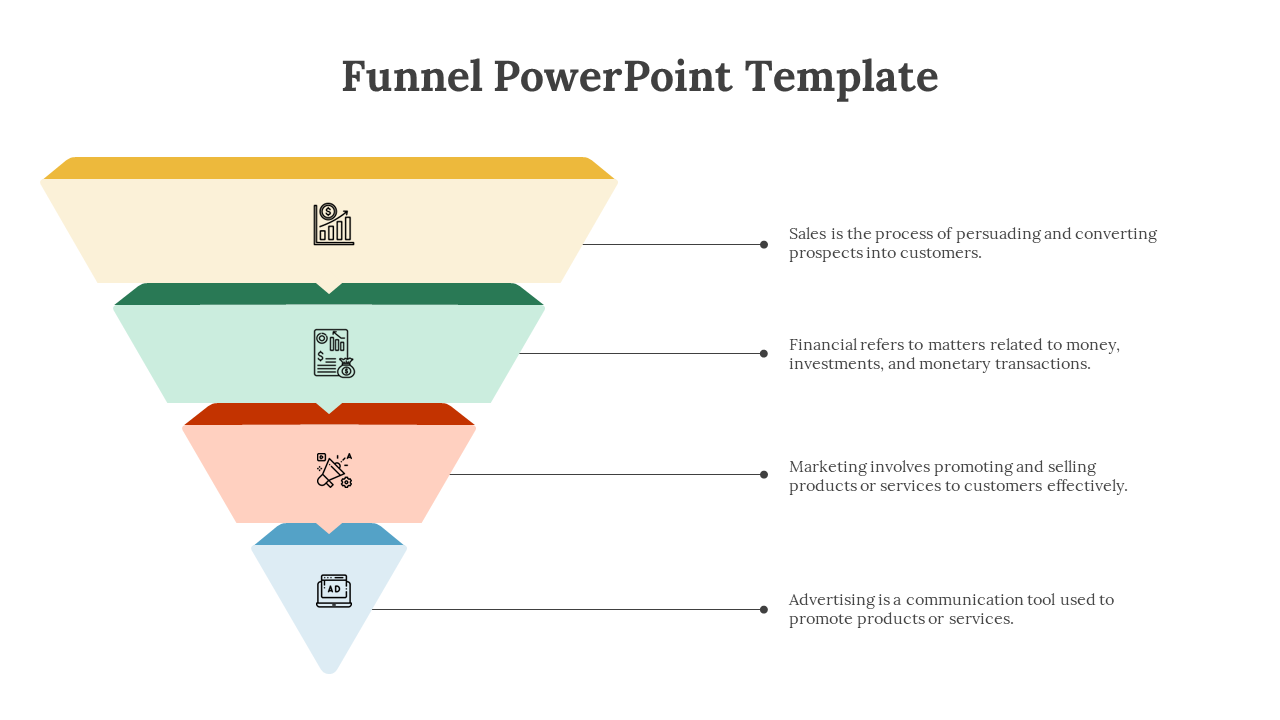 Funnel infographic featuring four colorful layers in yellow, green, red, and blue, each with an icon and description.