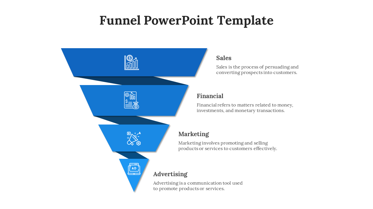 Blue funnel PowerPoint template illustrating sales, financial, marketing, and advertising stages in a structured hierarchy.