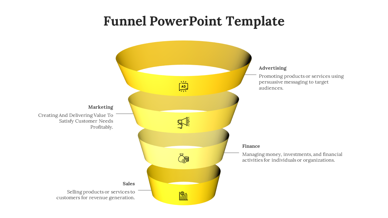 Monochrome yellow funnel infographic slide illustrating four business stages advertising, marketing, finance, and sales.