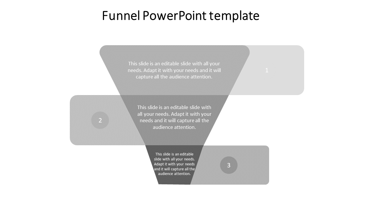 Gray themed funnel graphic with three sections stacked vertically, each labeled with a number and text.