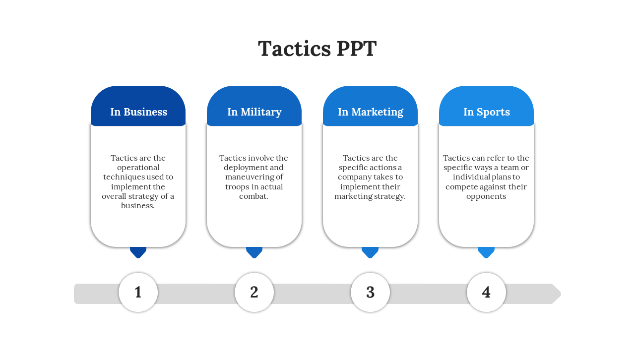 Tactics slide featuring four blue rectangular blocks with a pointed bottom, and a horizontal gray line numbered from 1 to 4.