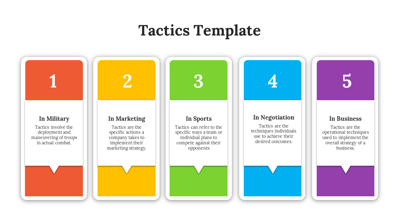 Colorful tactics infographic PPT slide displaying five key areas military, marketing, sports, negotiation, and business.