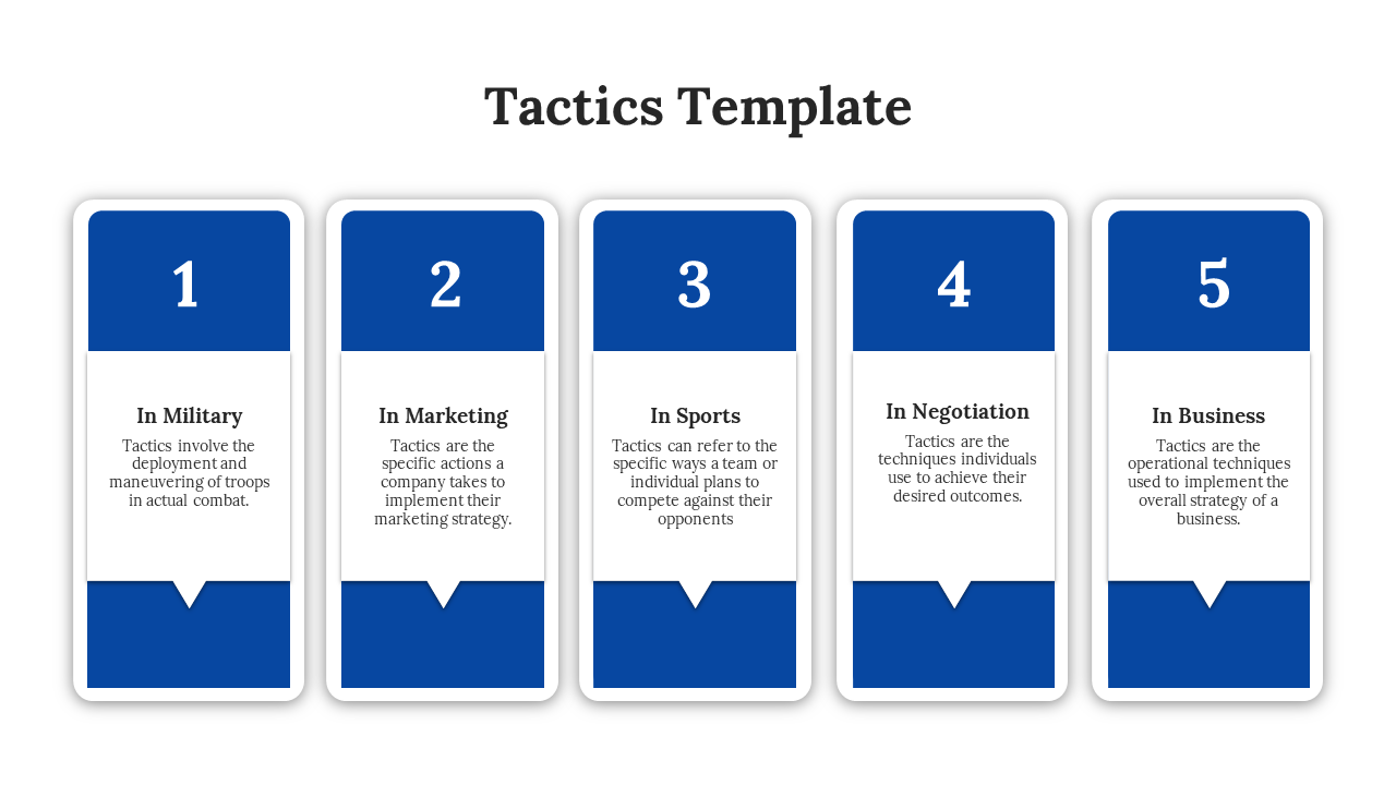 Horizontal row of five blue rectangular blocks, each featuring a number and a label representing different tactics.