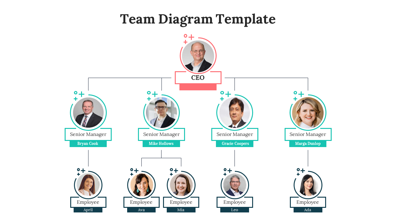 Hierarchical team layout with CEO, senior managers, and employees in circular frames connected by lines.