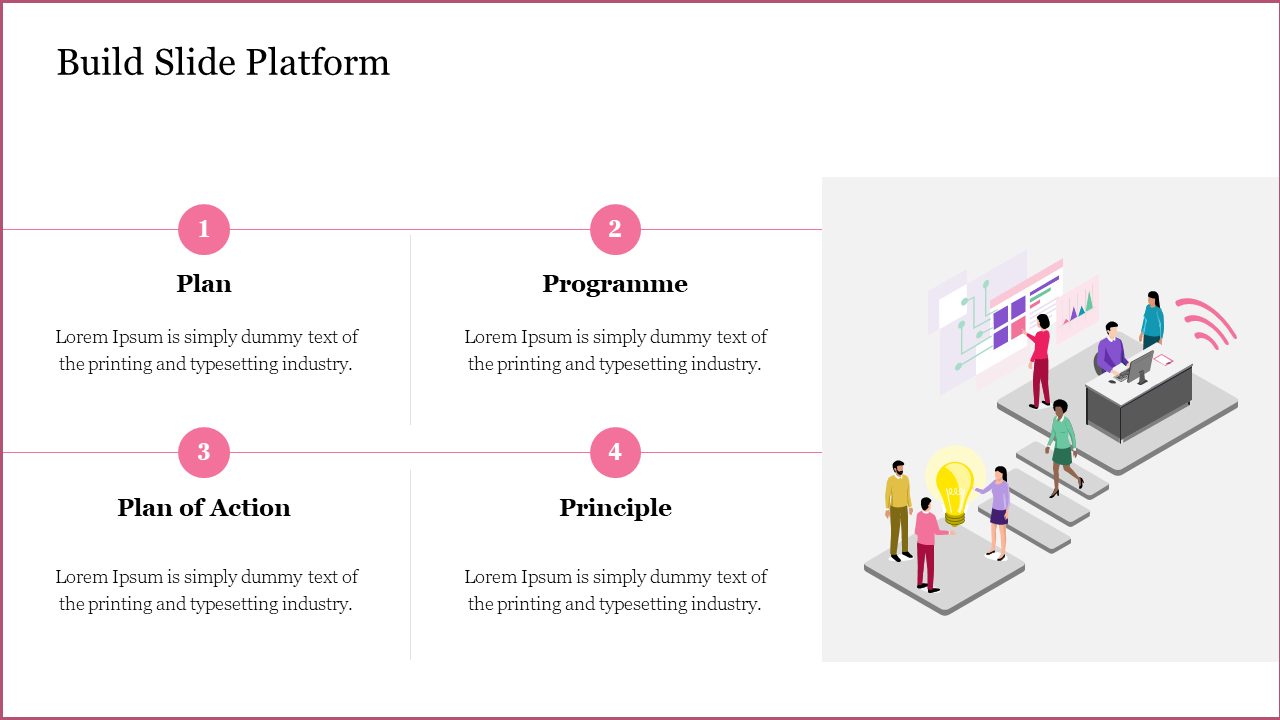 Four-step build slide with numbered sections, teamwork illustration and with caption areas on the right.