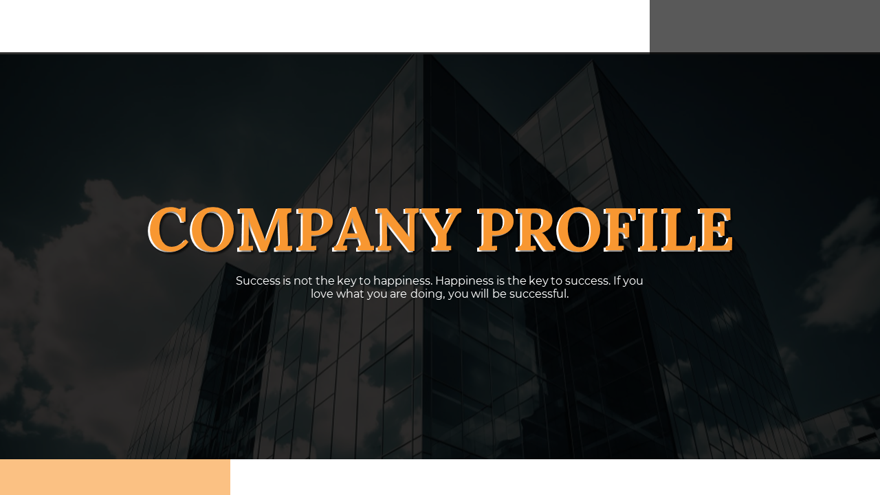 Company profile slide deck with a dark modern theme, featuring text, charts, images, and sections like vision and services.