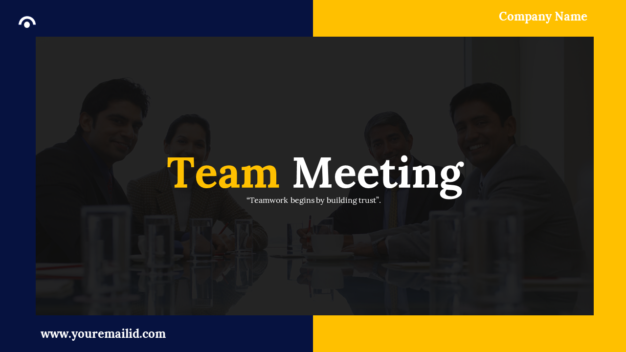 Team meeting slide featuring a header slide, followed by slides with business discussions and team achievements.