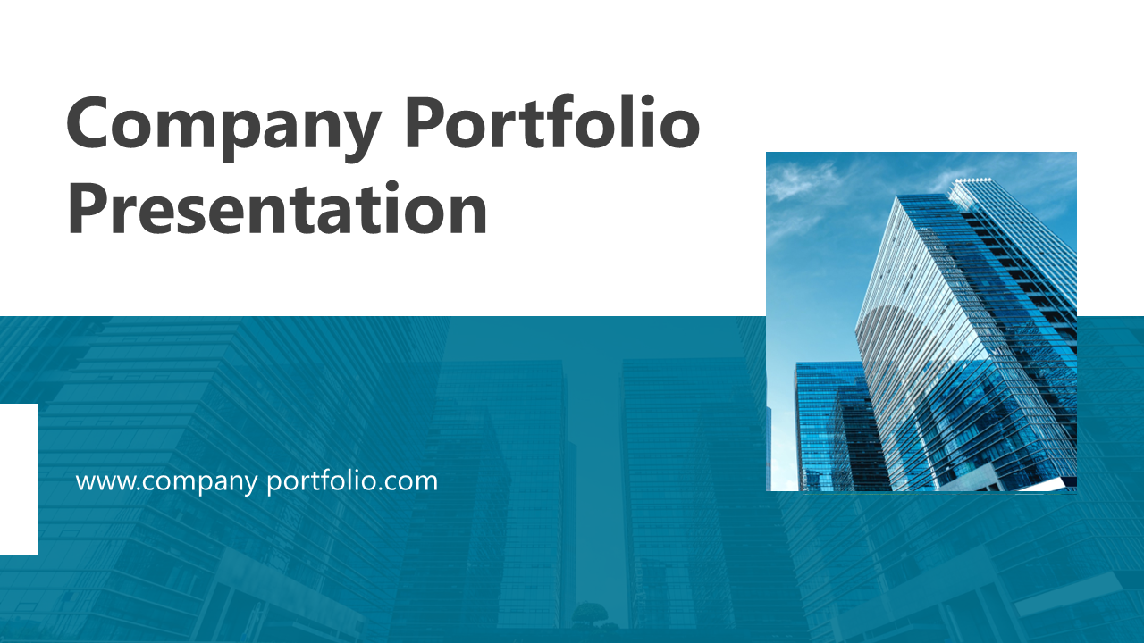 Company portfolio slides showing a modern building, company details, and business analysis section on a blue and white theme.