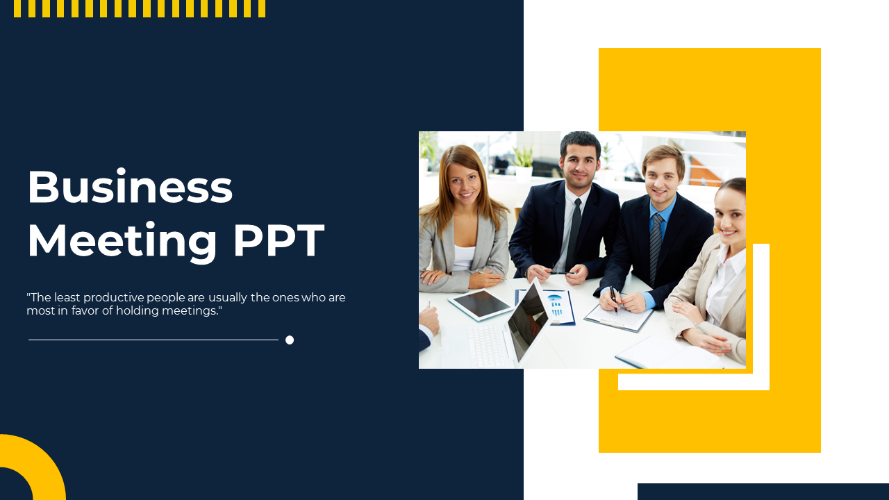 Business meeting slide deck with structured layouts in navy and yellow, covering updates, planning, and customer relations.