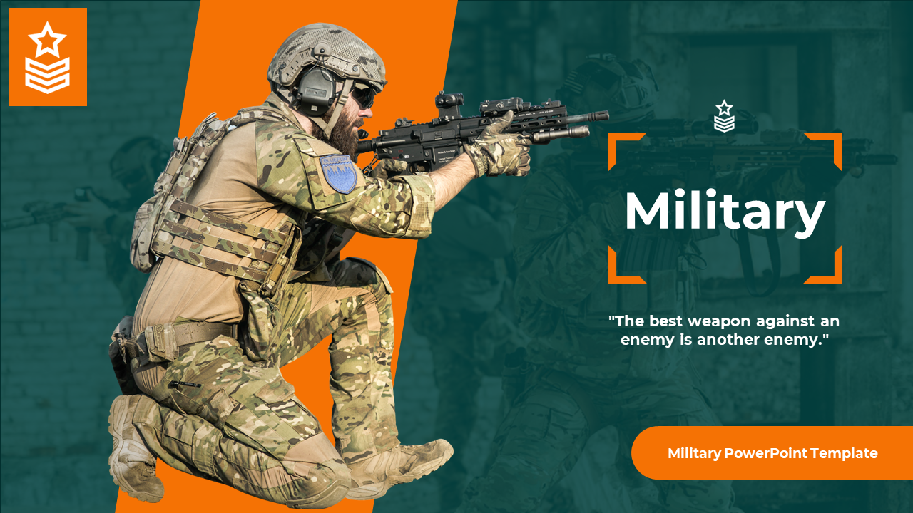 Slide deck, comprising twelve slides with orange and green themes, covers all topics related to the military.