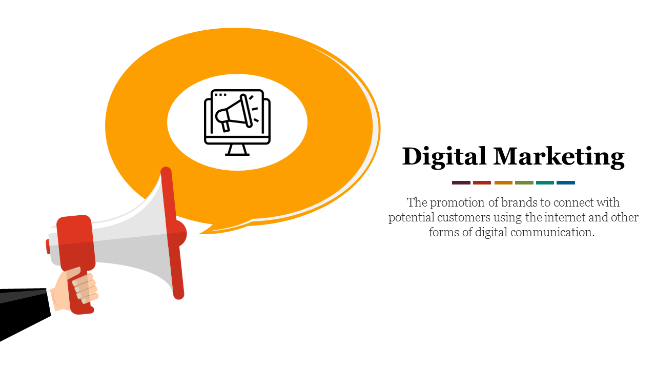 Digital marketing slide deck with white background, featuring colorful sections on strategies and communication tools.