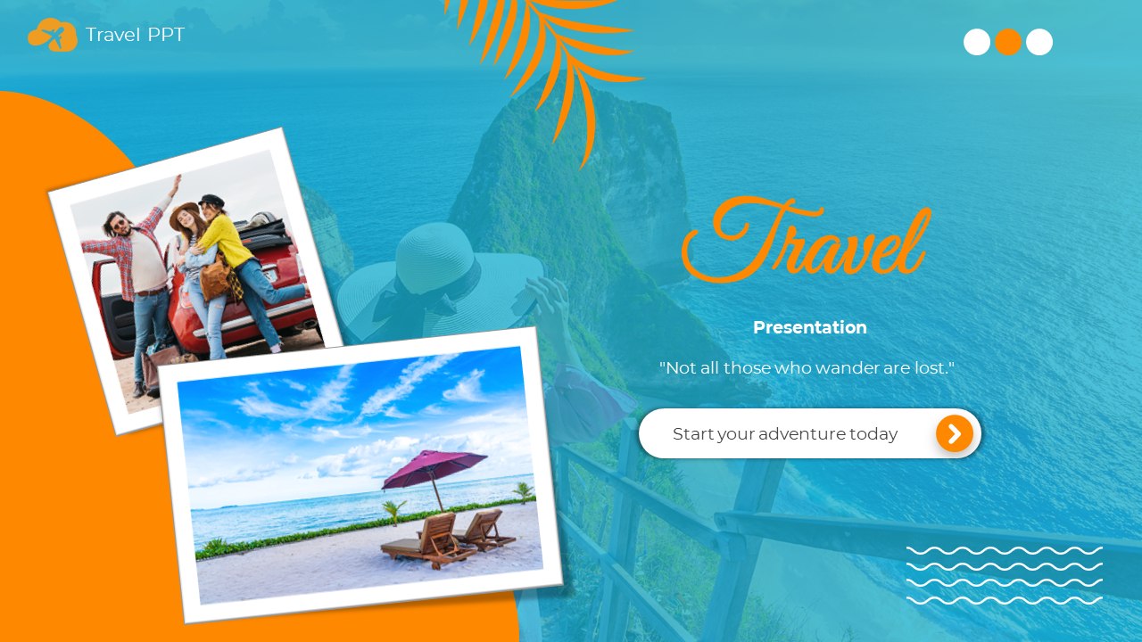 A vibrant travel slides featuring stunning beach imagery and colorful design elements on a orange and blue theme.