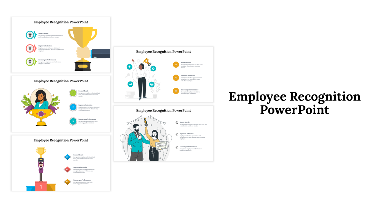 Employee Recognition slides with illustrations of awards, trophies, and celebrations for acknowledging achievements.