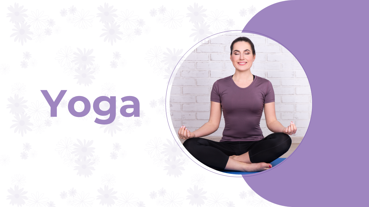 Slide deck in soft purple hues, featuring images of different yoga poses and descriptions about the benefits.