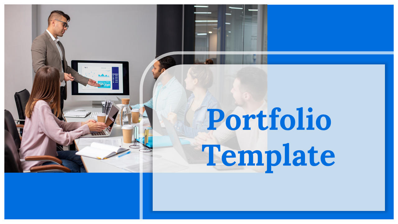 Portfolio slides showcasing different sections for projects, services, and team members in a professional blue layout.