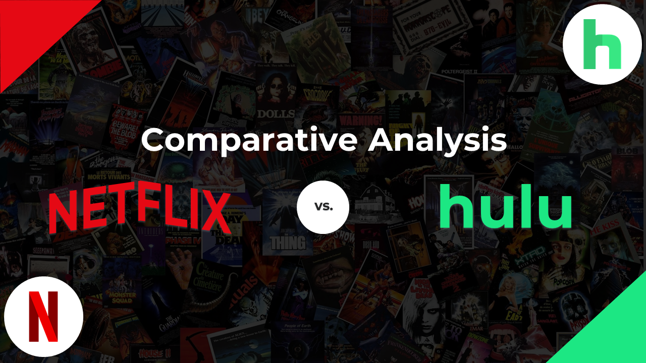 A comparative analysis slides comparing netflix and hulu, featuring colorful graphics, charts, and service details.