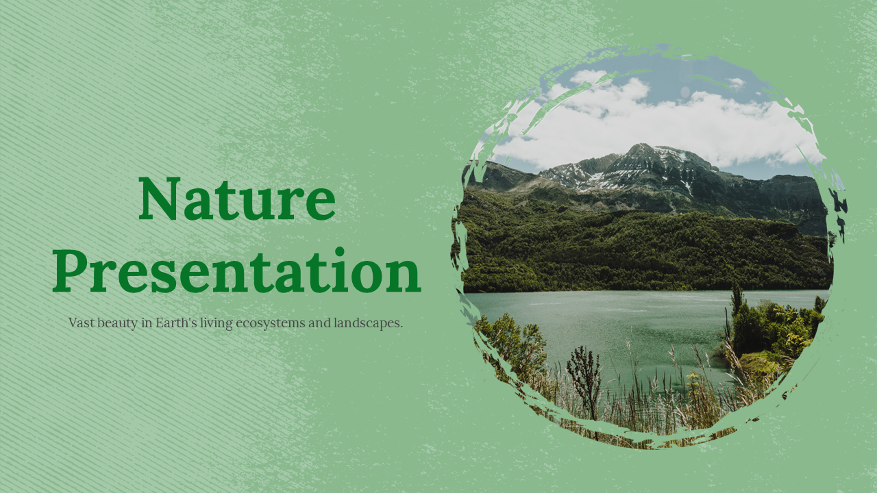 Slide deck featuring a scenic mountain landscape, focusing on nature conservation, reforestation, and sustainable practices.