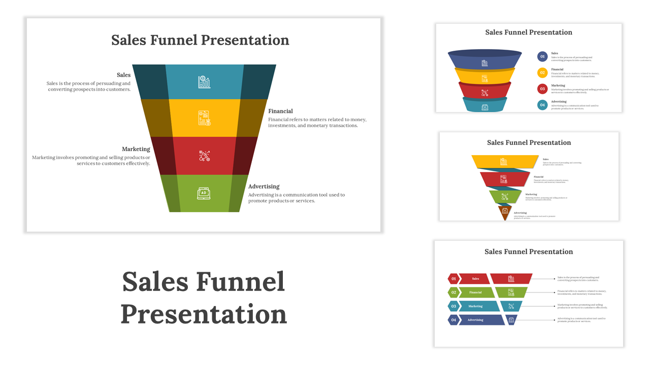 Sales funnel slides featuring colorful layers, each labeled for different sales process stages with icons.