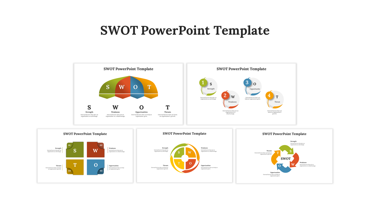 Collection of SWOT PowerPoint slides displaying various layouts for strengths, weaknesses, opportunities, and threats.