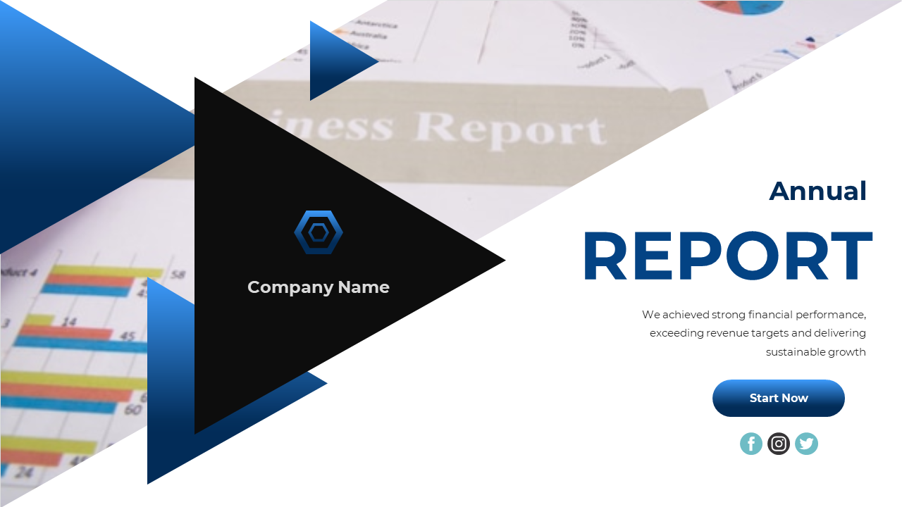 Annual report slide deck with blue theme, featuring team profiles, company data, charts, achievements, and a world map.