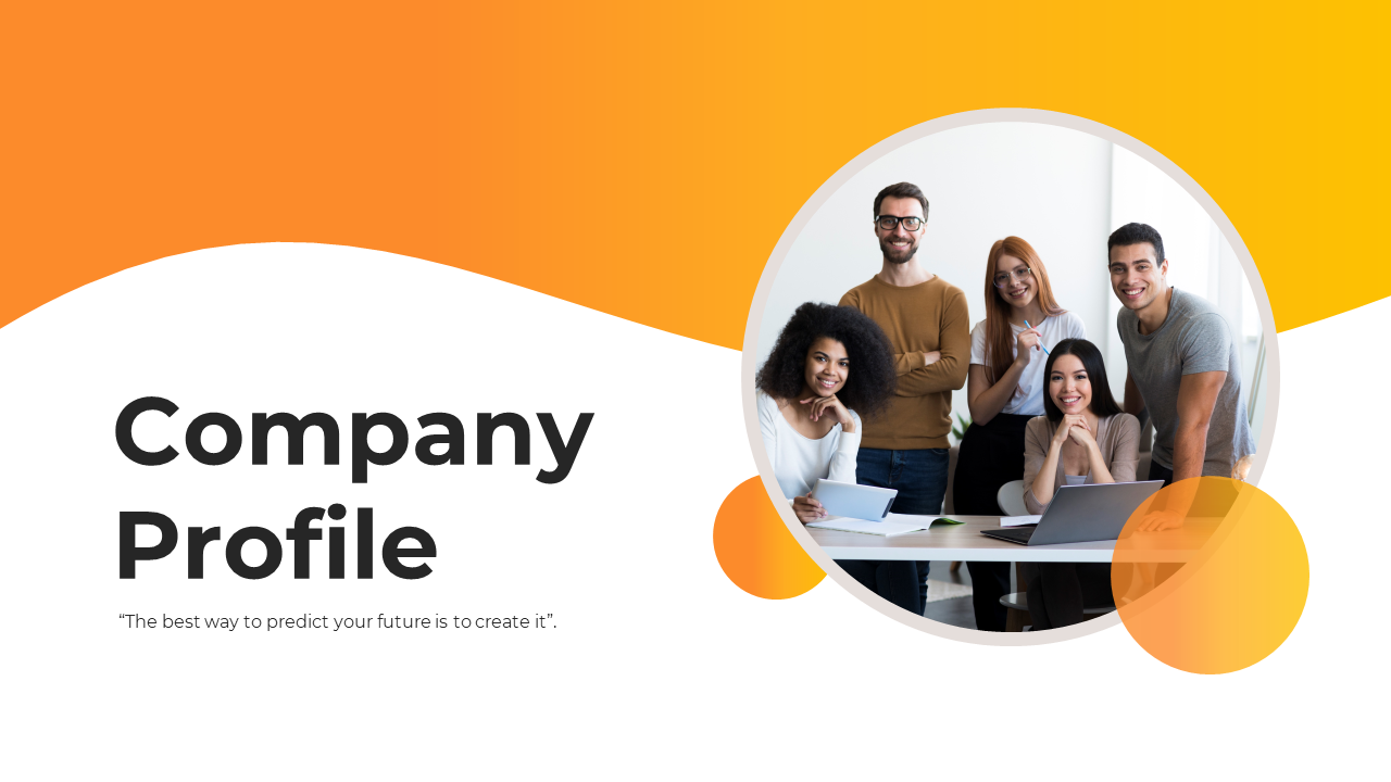 Company profile slide deck with orange and white theme, showcasing team photo, charts, and business related content.