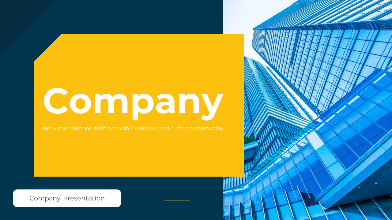 Modern company slide deck highlighting business overview, goals with high-rise buildings and multiple sections.