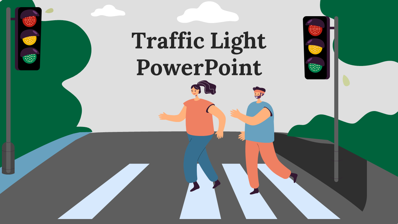 Collection of slides with traffic light imagery, featuring in red, yellow, and green with related information.