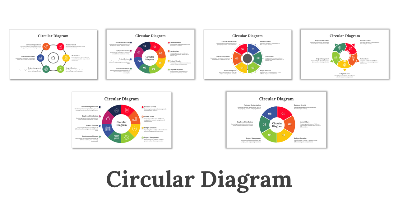 Collection of slides featuring various colorful circular diagrams, each with multiple segments and captions.