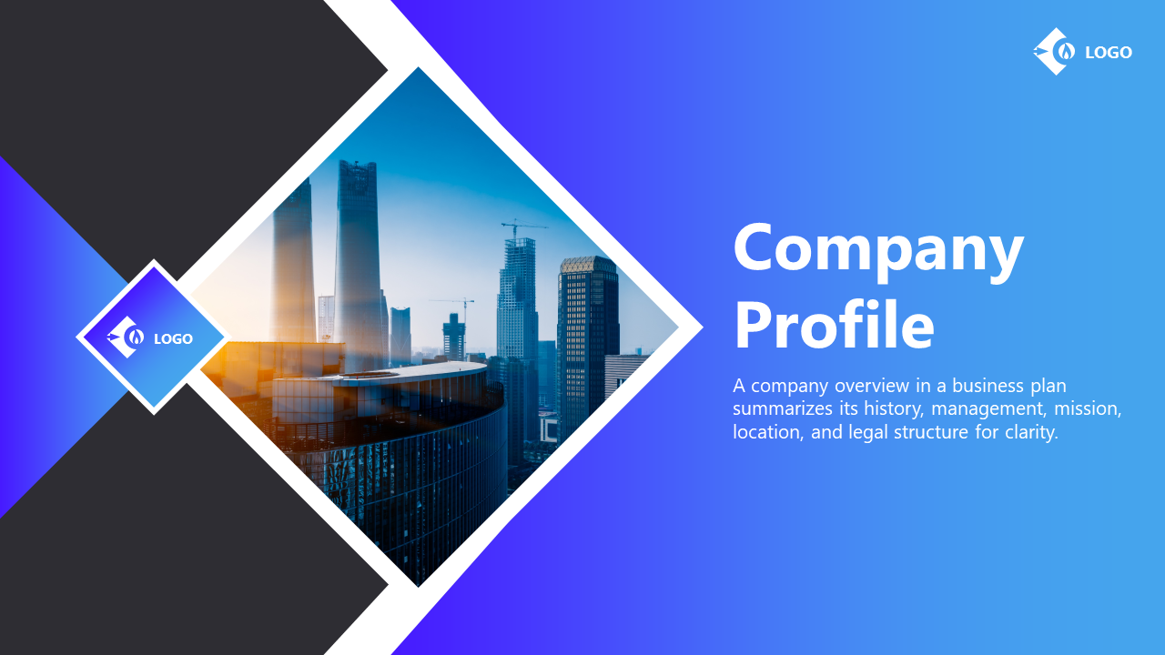 Modern company profile template with a blue gradient theme and various slide layouts for mission, timeline, and services.