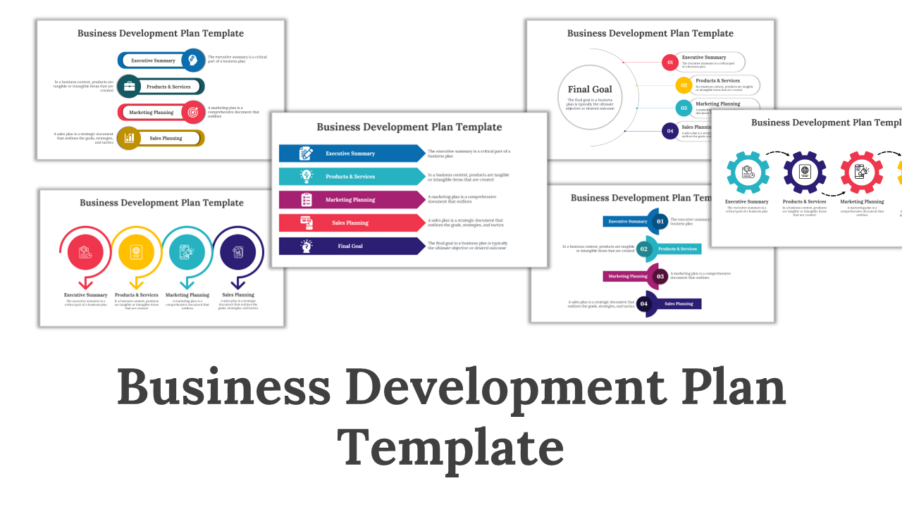 A pack of business development plan slides showcasing various colorful layouts with diagrams and strategic goals.