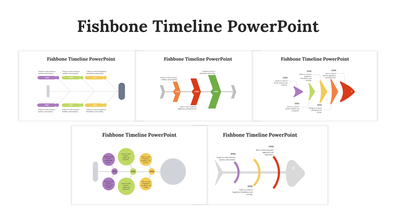 Set of five fishbone timeline designs with arrows and text placeholders for various stages of a process.