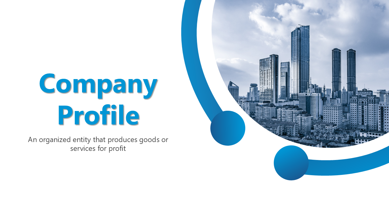 Company profile template with blue accents, circular placeholders, and sections for services, goals, and team information.