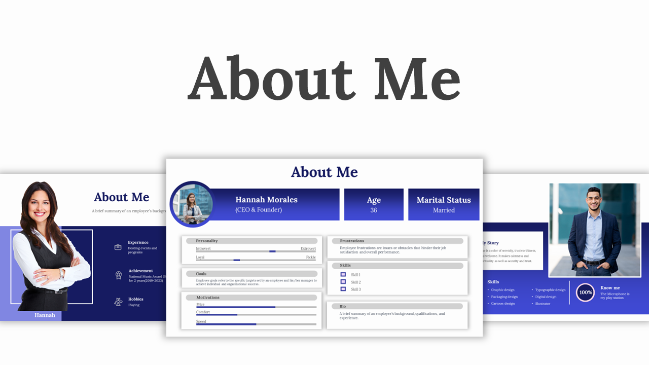 About me slides featuring personal details and professional background of an individual named hannah morales.