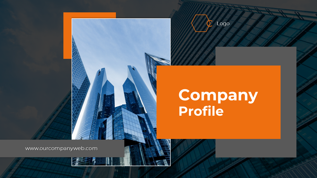 Company profile slide deck layout with modern orange and gray design elements across multiple slides.