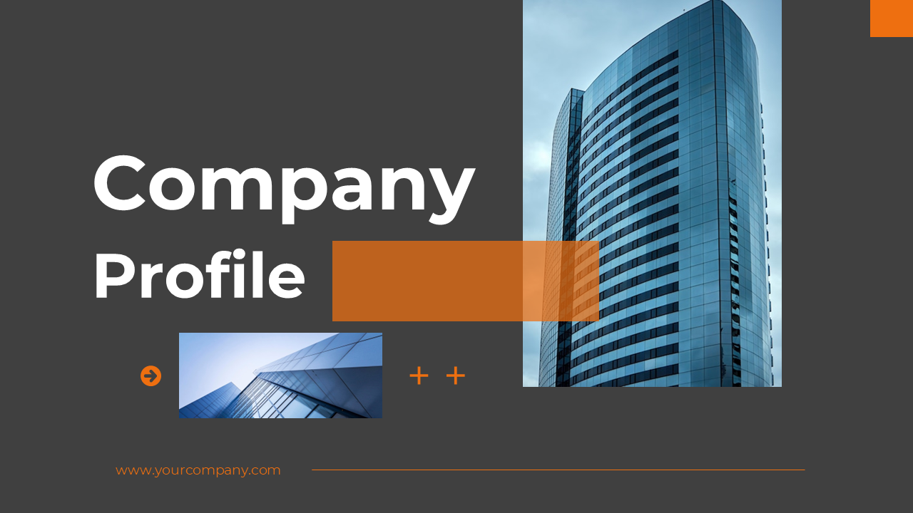 Modern company profile slide deck with gray and orange theme, featuring team, services, and contact details.