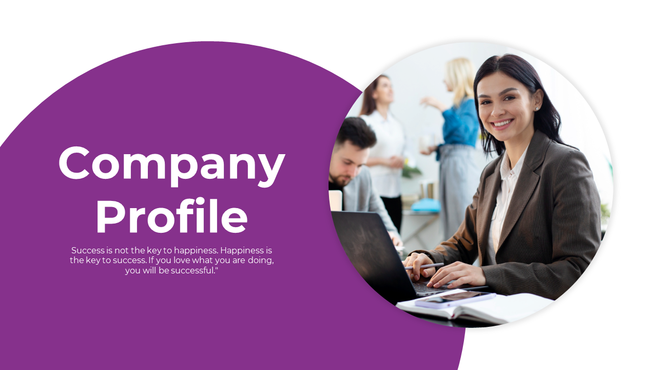 Company profile layout with a purple theme, team photos, and text sections for mission, vision, and services.